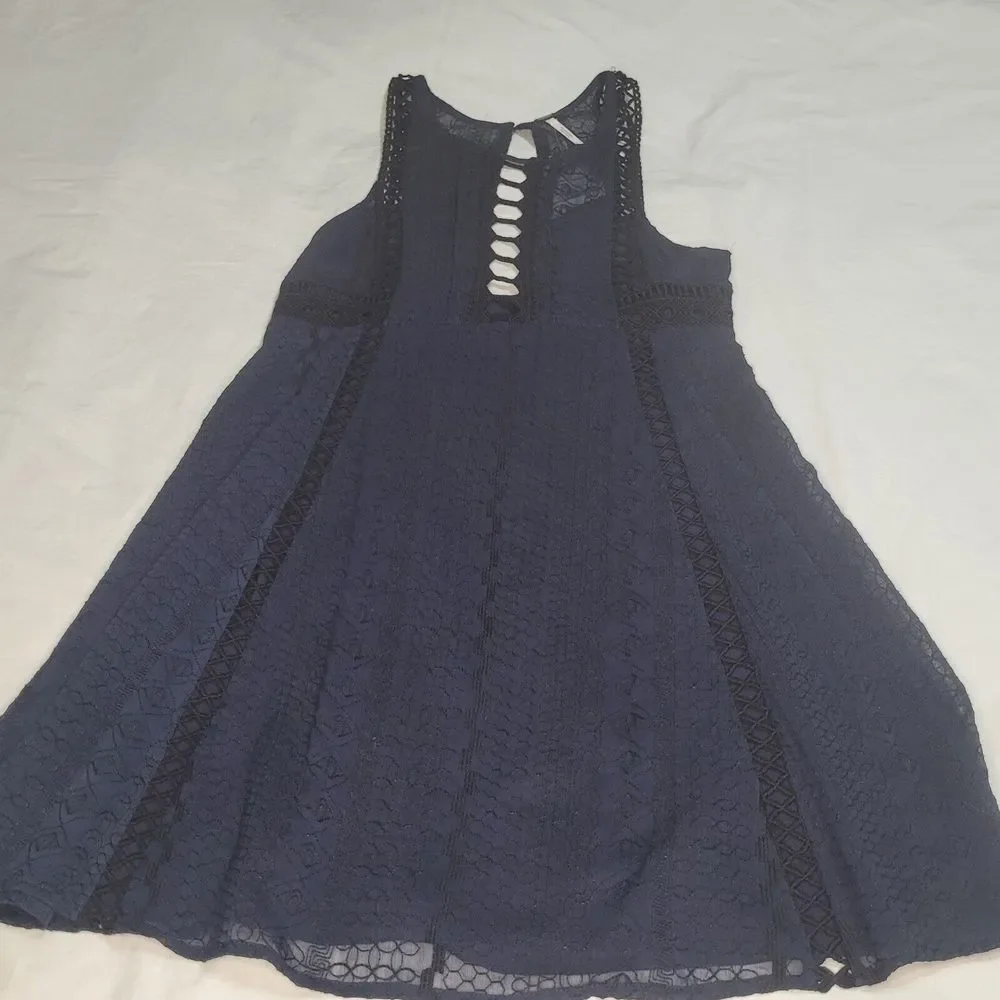 Free People Mini Tank‎ Dress Sz 4 Crochet Cutout Skater Navy Black Lined Pockets